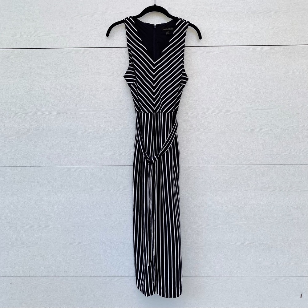 Banana Republic Navy and White Striped Sleeveless Jumpsuit